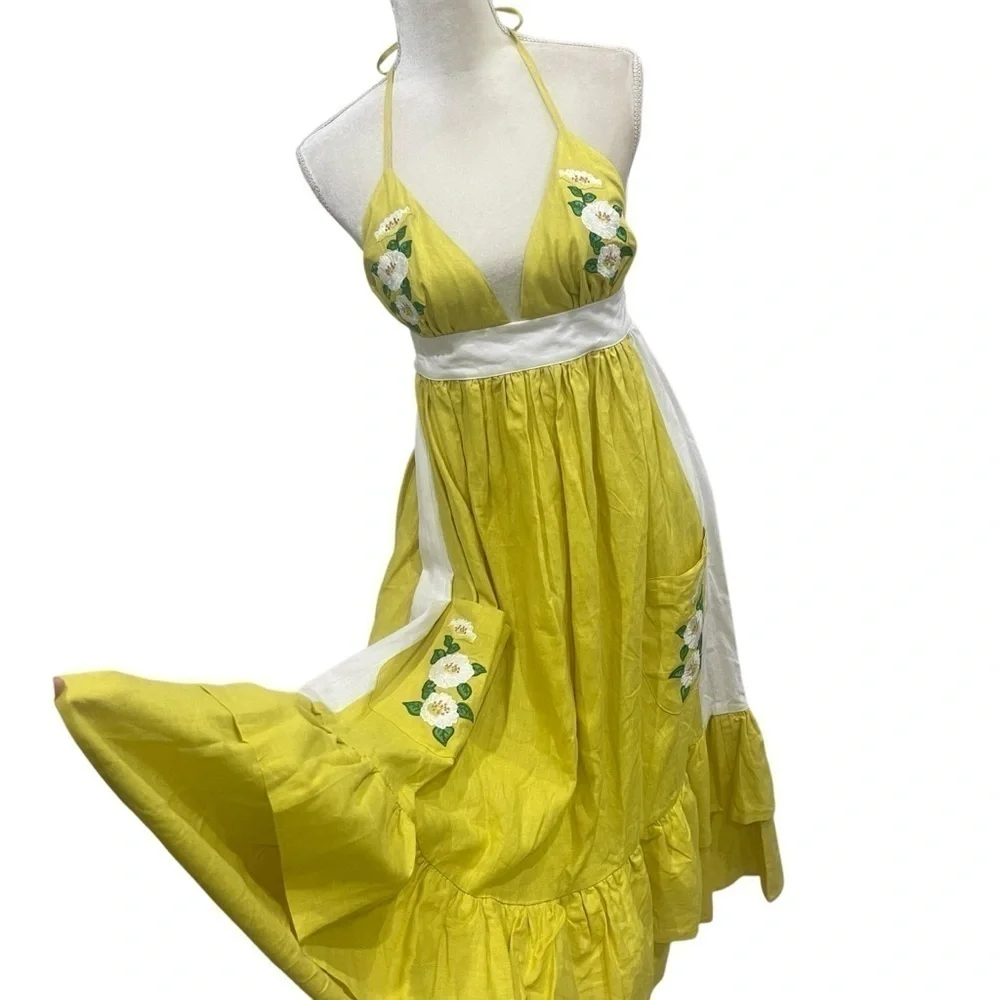 Fanm Mon Yamile 100% Linen Floral Embroidered Halter Midi Dress Mustard Lime NWT
